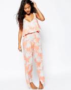 Asos Peach Floral Print Frill Beach Jumpsuit - Peach Floral