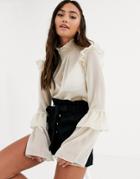 In The Style X Dani Dyer High Neck Chiffon Blouse With Frill Detail-cream