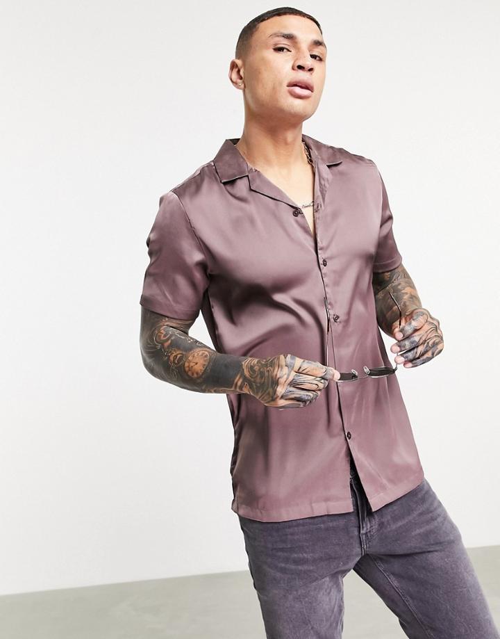Asos Design Regular Fit Short Sleeve Satin Shirt With Revere Collar In Mauve-brown
