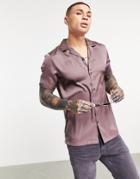 Asos Design Regular Fit Short Sleeve Satin Shirt With Revere Collar In Mauve-brown
