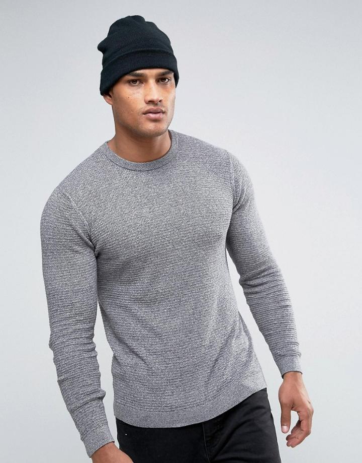 Asos Cotton Crew Neck Sweater With Waffe Texture In Muscle Fit - Gray