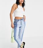 Stradivarius Petite Straight Leg Contrast Two Tone Jeans With Raw Hem In Blue-blues