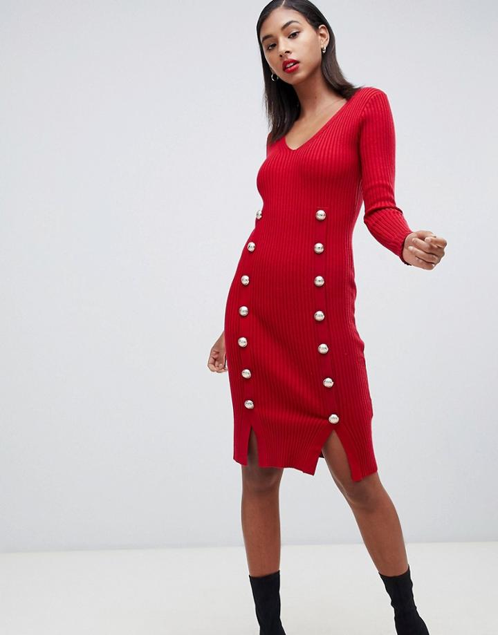 Morgan Knitted Bodycon Dress With Button Detail In Red