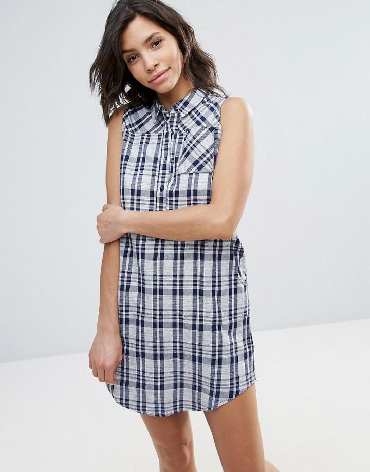 Qed London Check Print Shirt Dress - Navy