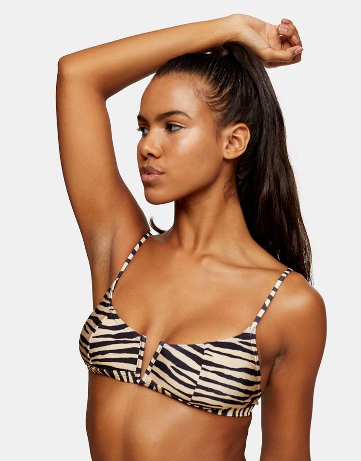 Topshop V Front Bikini Top In Neutral Zebra Print