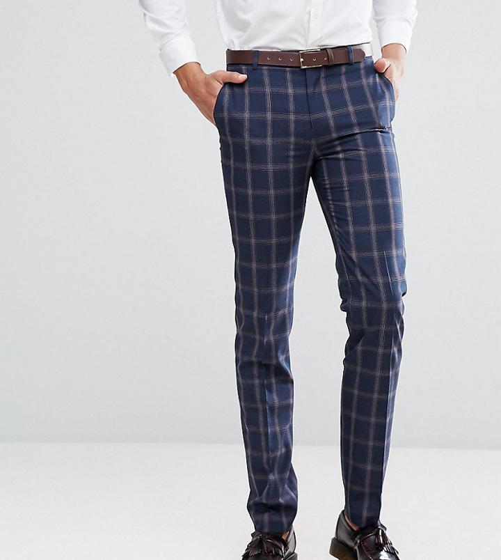 Harry Brown Tall Slim Fit Blue Check Windowpane Suit Pants - Navy