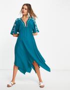 En Cr Me V-neck Midi Smock Dress With Embroidery Detail In Teal-blues