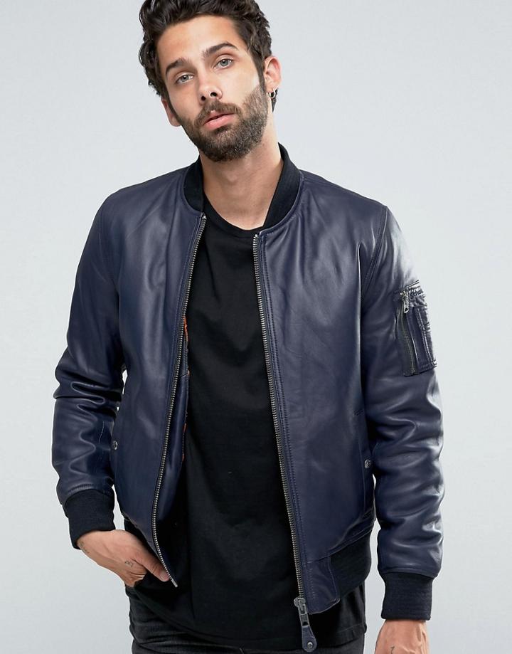 Schott Leather Bomber Jacket - Navy