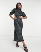 Asos Design Satin High Neck Midi Tea Dress With Shirred Open Back In Mono Spot-multi