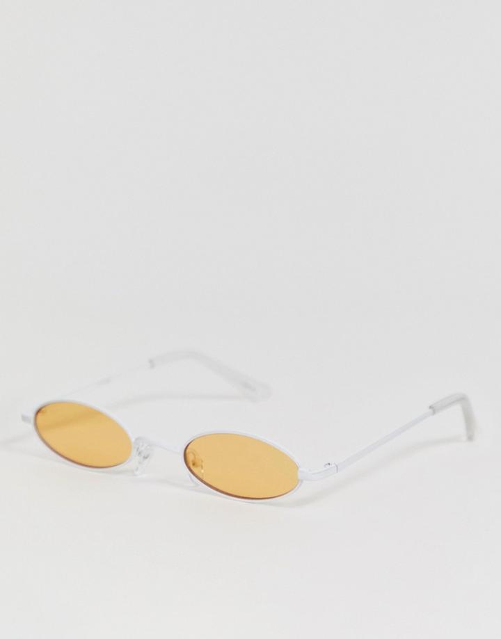 Asos Design Metal Narrow Oval Sunglasses In White With Orange Lens - White