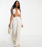 Asos Design Tall Cross Waist Halter Maxi Beach Dress In Natural-white