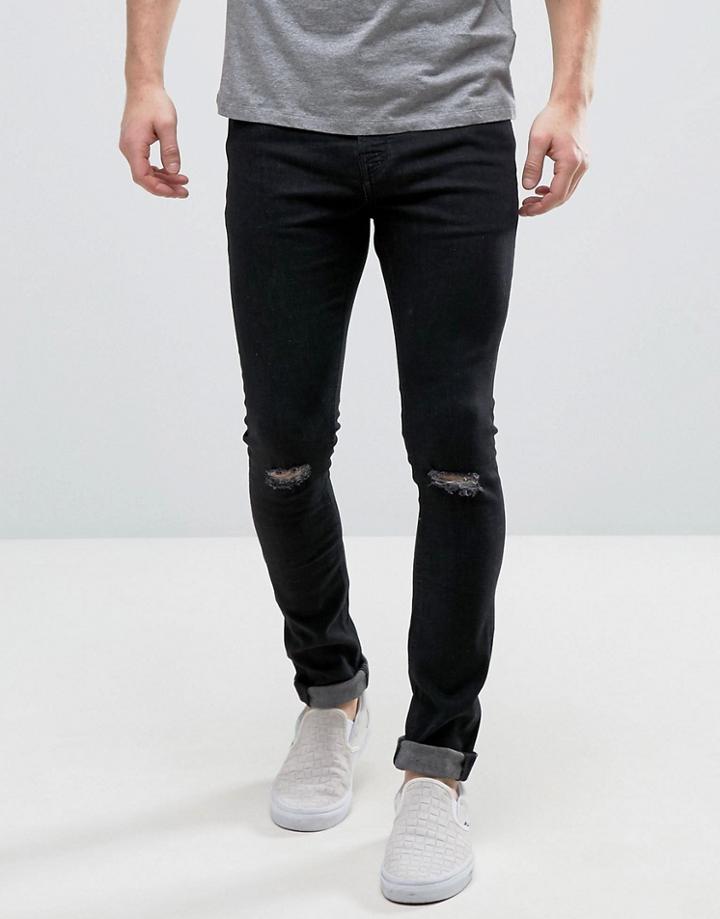 Hoxton Denim Super Skinny Black Jeans With Knee Rip - Black