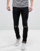 Hoxton Denim Super Skinny Black Jeans With Knee Rip - Black