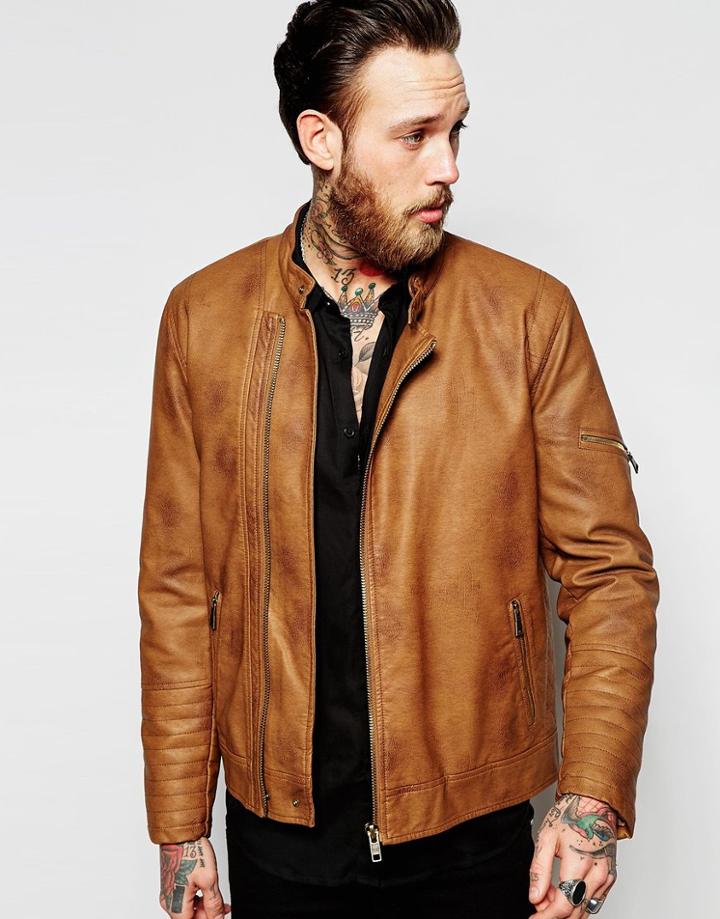 Asos Faux Leather Racing Biker Jacket In Tan With Stitch Detail - Brown