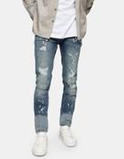 Topman Organic Cotton Blend Stretch Skinny Rip And Repair Jeans In Mid Wash-blues