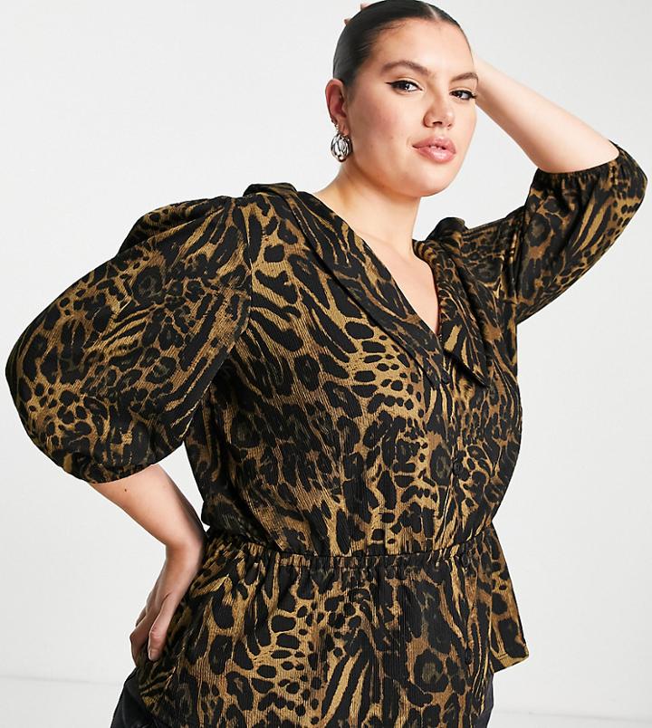 Asos Design Curve Textured Stretch Blouse In Animal Print-multi