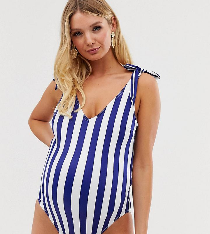 Asos Design Maternity Recycled Bunny Tie Shoulder Swimsuit In Stripe-multi