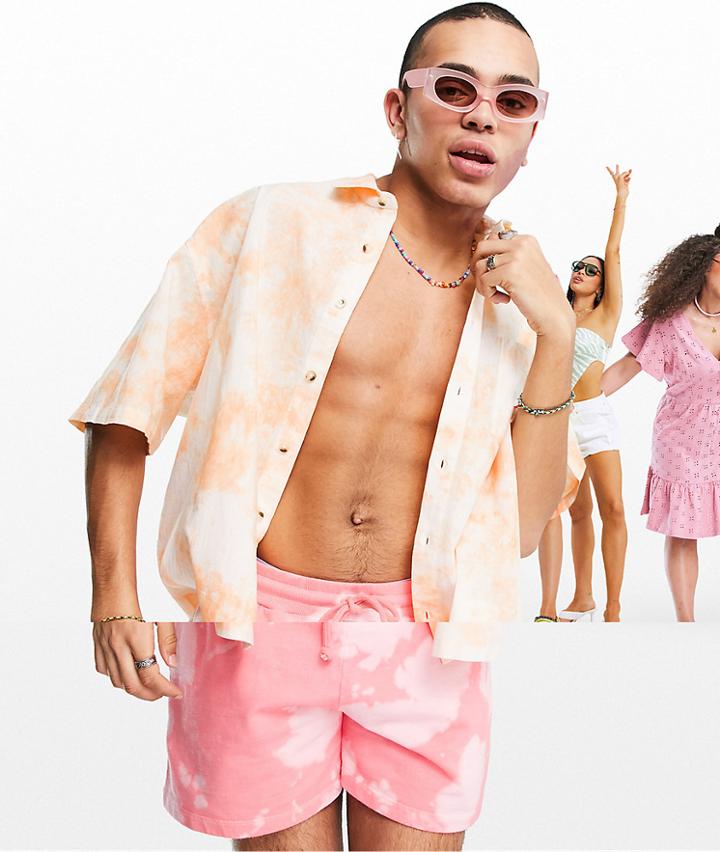Asos Design Boxy Oversized Tie Dye Shirt With Sun Back Print In Linen Mix-orange