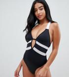 Asos Design Petite Contrast Mesh Insert Swimsuit In Black - Black