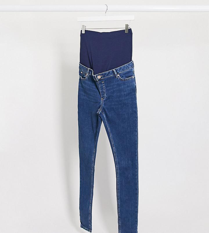 Asos Design Maternity Tall High Rise Ridley 'skinny' Jeans In Bright Midwash Blue With Over Bump Waistband