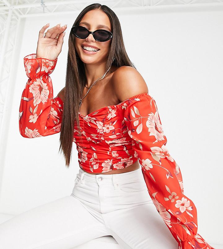 Parisian Tall Bardot Crop Top In Red Floral