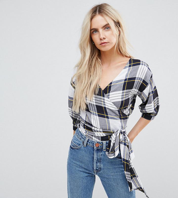 New Look Petite Check Wrap Shirt - White