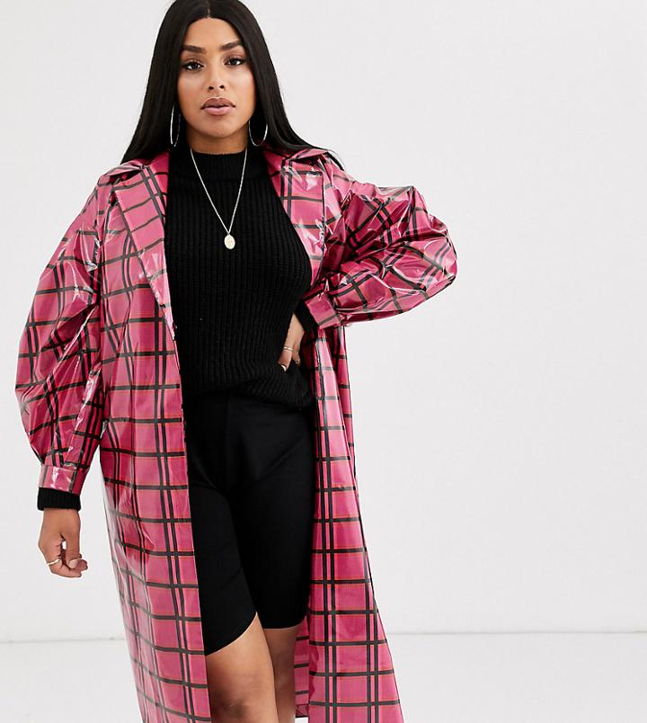 Asos Design Curve Vinyl Check Trench Coat In Pink