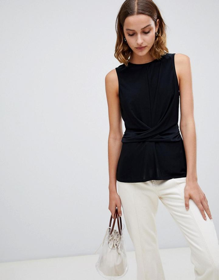 Warehouse Sleeveless Blouse With Drape Waist Detail In Black - Black