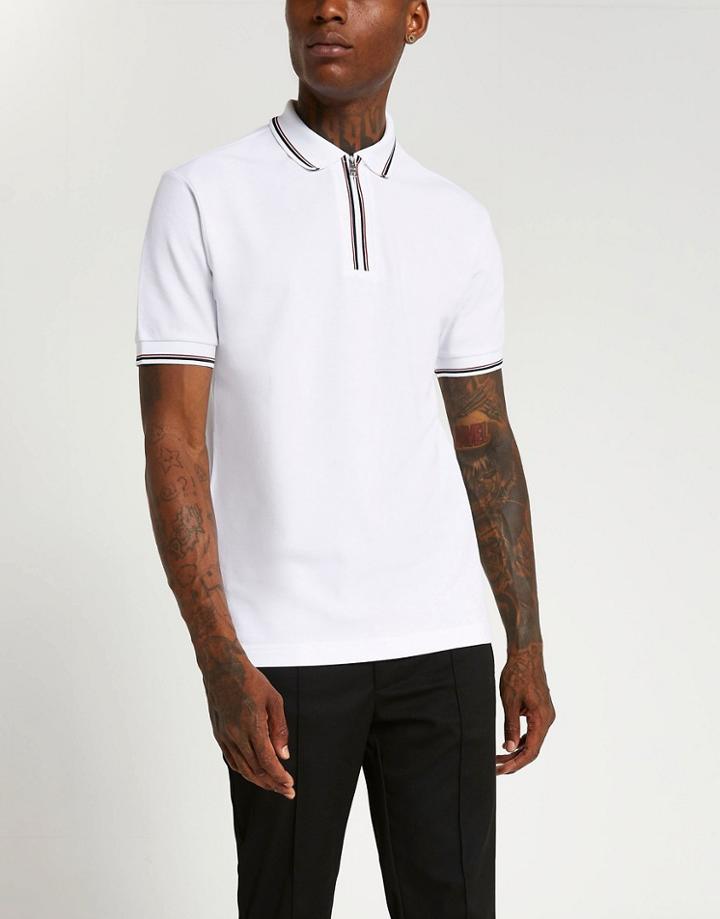 River Island Slim Fit Jacquard Placket Polo In White