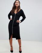 Asos Design Textured Pencil Dress With Exposed Zip-black