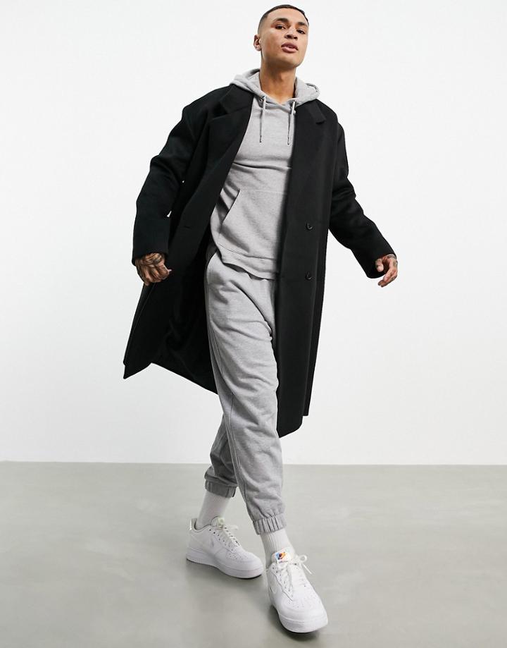 Topman Belted Overcoat In Black Wool Blend