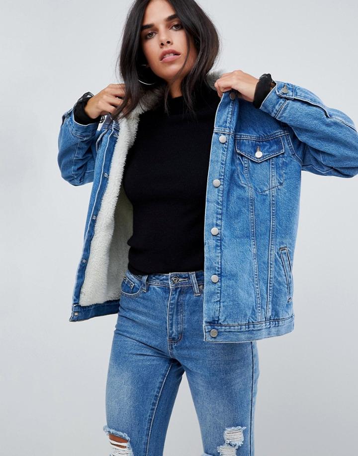 Chorus Oversized Denim Jacket With Fleece Lining - Blue