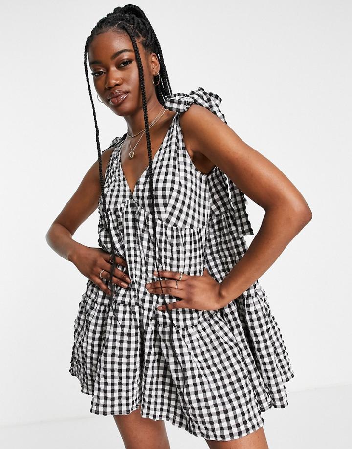 Asos Design Gingham Tie Shoulder Smock Romper In Black Gingham-multi