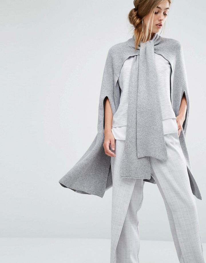 Parallel Lines Knitted Cape With Tie Neck - Gray