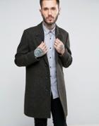 Asos Harris Tweed Overcoat In Khaki Melange - Green