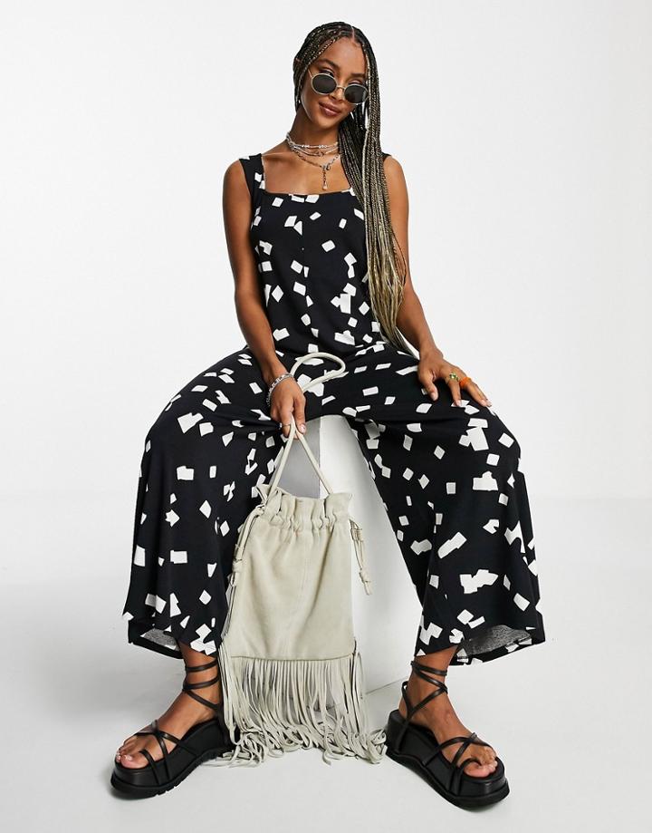 Asos Design Square Neck Overalls In Abstract Square Print-multi