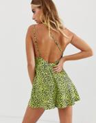 Asos Design One Shoulder Festival Leopard Satin Romper - Yellow
