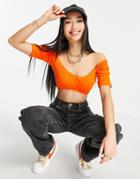 Asos Design Off Shoulder Top With Shaped Hem In Rib In Orange
