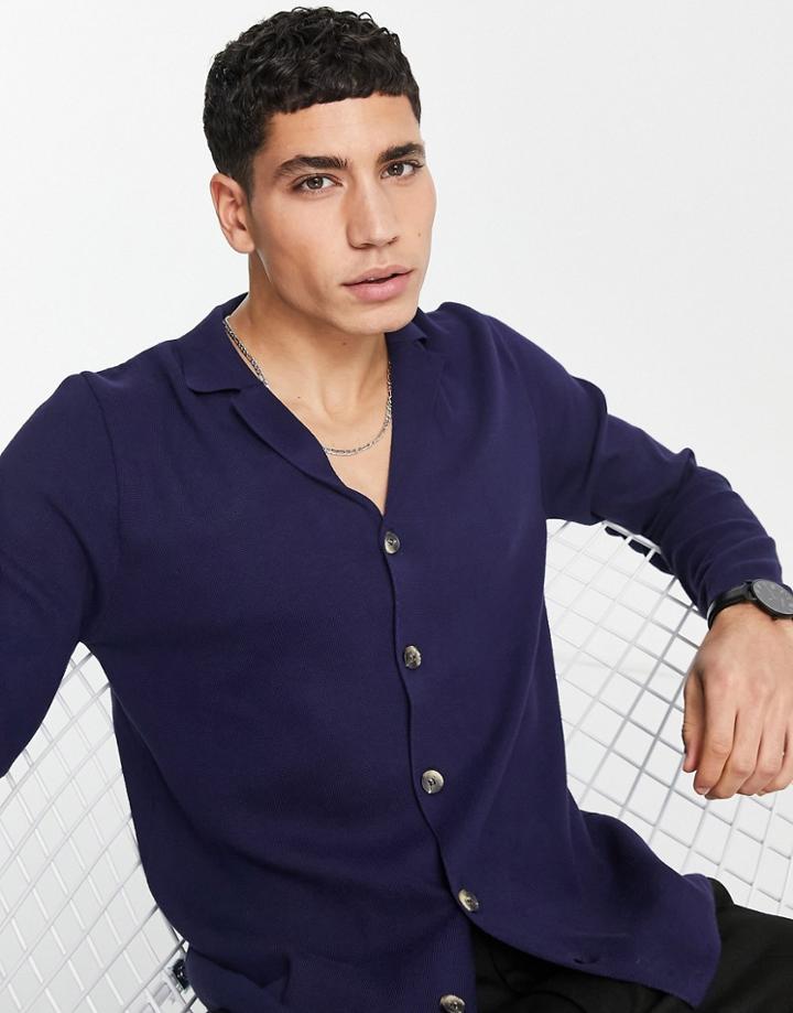 Bolongaro Trevor Long Sleeve Knitted Revere Collar Shirt In Navy