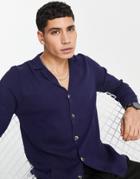 Bolongaro Trevor Long Sleeve Knitted Revere Collar Shirt In Navy