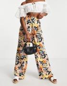 Asos Design Pleat Detail Pants In Orange Floral Print - Part Of A Set-multi