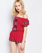 Piper Bogo Embroidered Off Shoulder Romper - Cherry Red