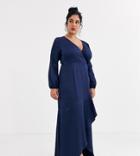 Little Mistress Plus Satin Wrap Maxi Dress With Frill Detail In Navy