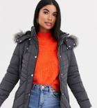 New Look Petite Faux Fur Hood Fitted Puffer Jacket In Mid Gray