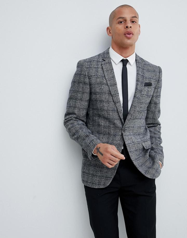 River Island Skinny Fit Blazer In Gray Check - Gray