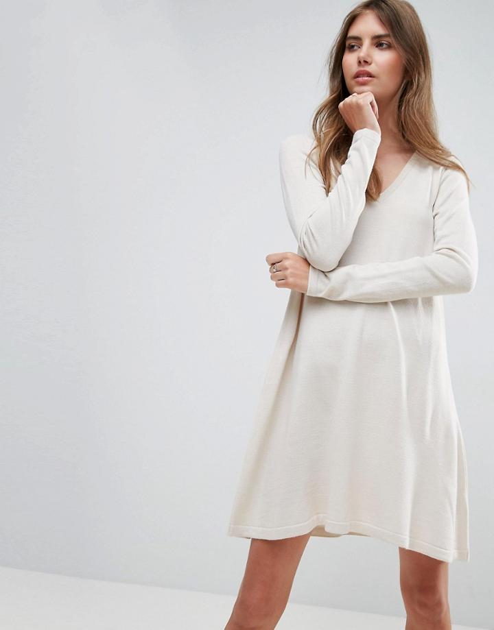Asos Knitted Swing Dress With V Neck - Beige