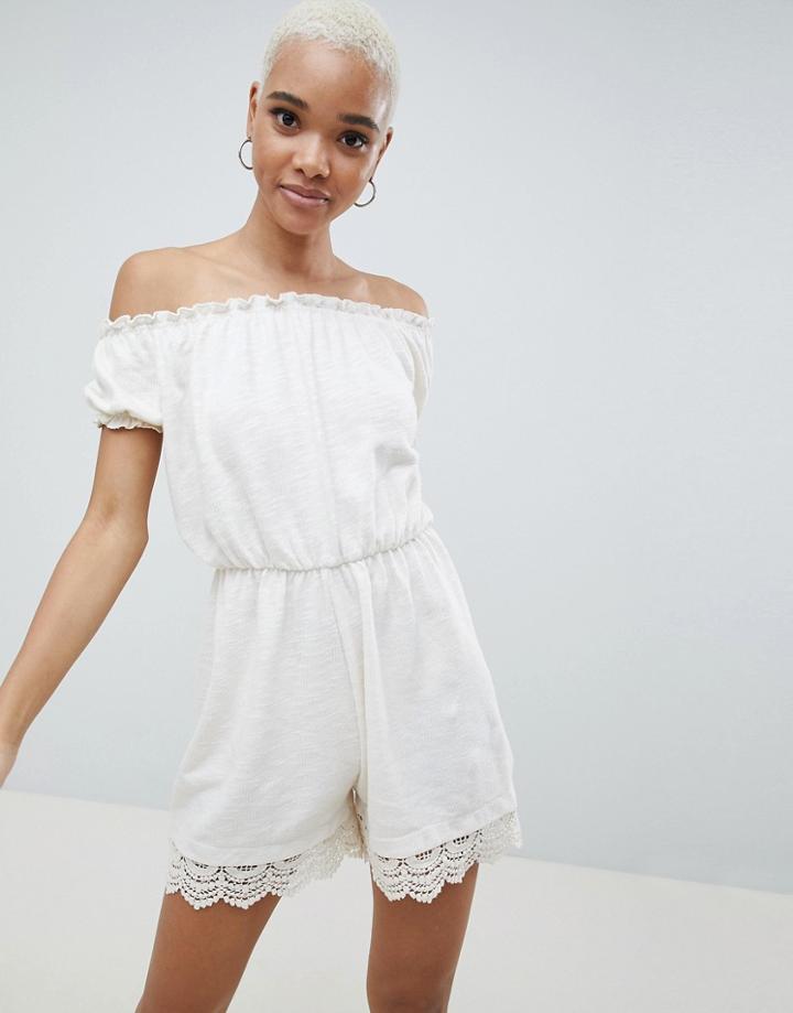 Asos Design Textured Bardot Jersey Romper With Lace Hem - Beige