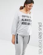 One Day Plus Off Shoulder 'coffee' Motif Slouchy Sweat - Gray