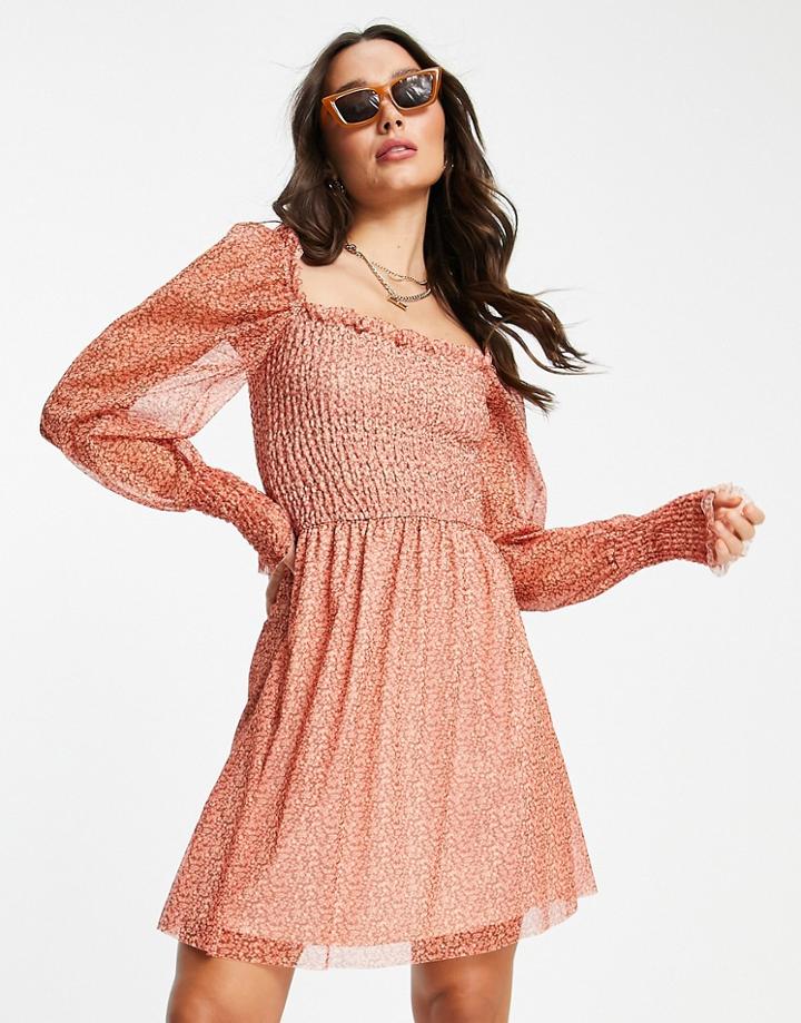 River Island Shirred Mesh Mini Dress In Red Ditsy