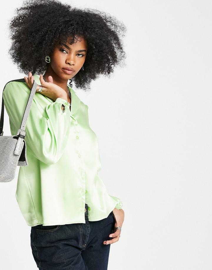 Flounce London Oversized Satin Shirt In Lime-green